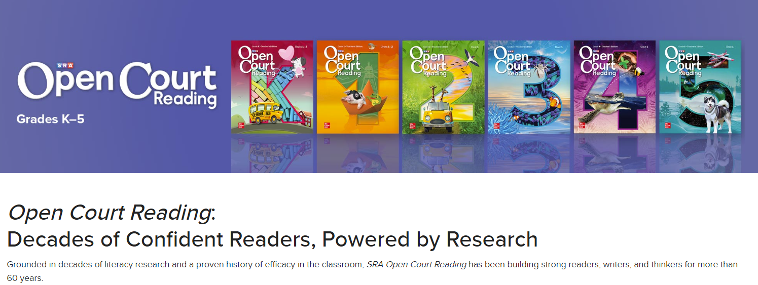 Screenshot of Open Court Reading website from McGraw-Hill claiming to be underpinned by the Science of Reading